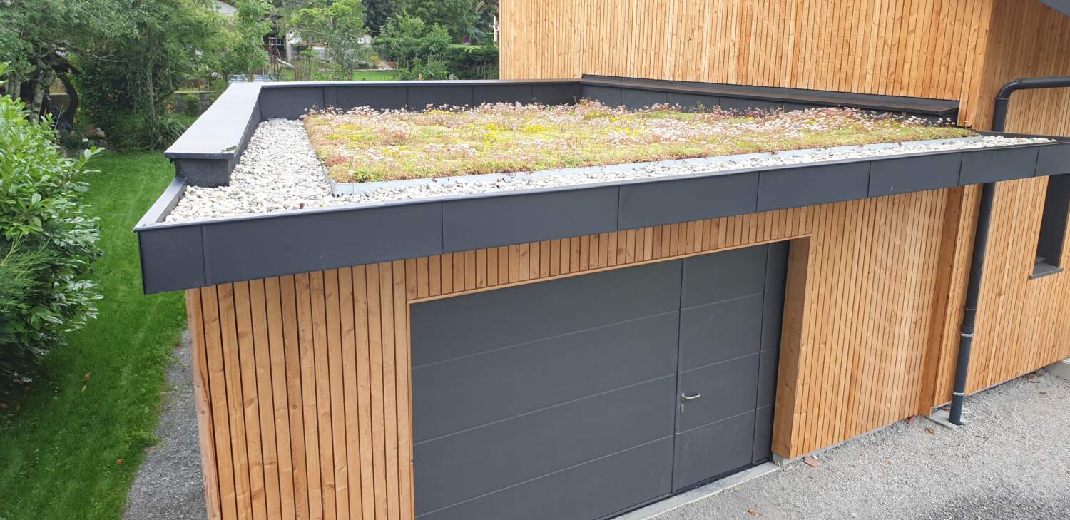 Installation de toit vert sur l'extérieur d'une maison moderne.